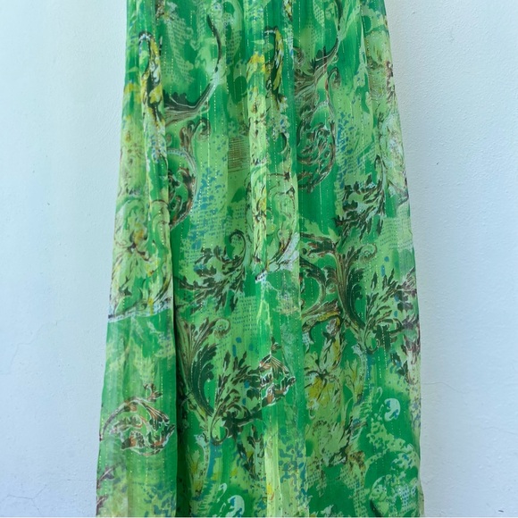 Y2K Sue Wong 100% Silk Green Gold Metallic Halter Maxi Dress Size 12 - Picture 5 of 8